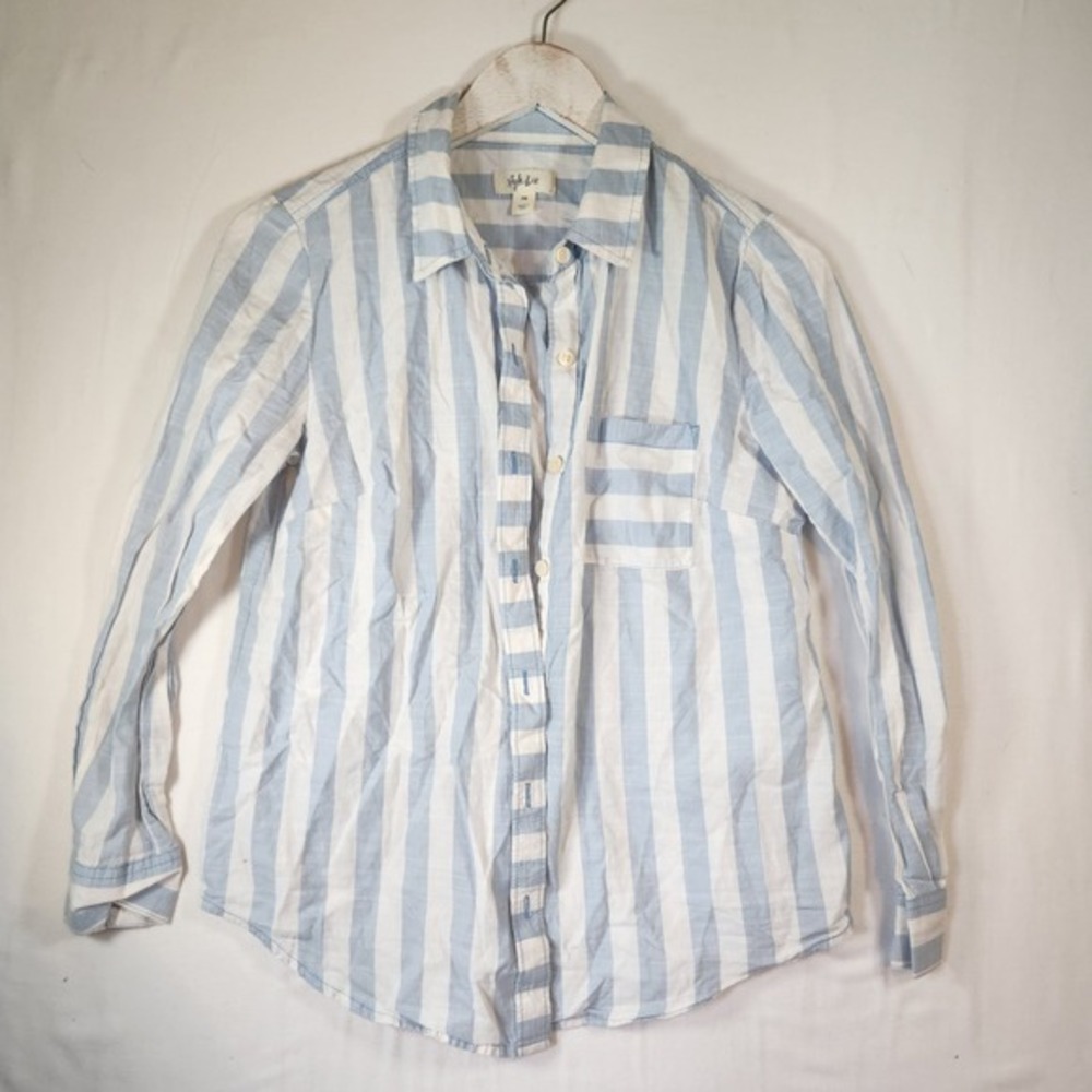 Style & Co Womens PM Blue White Striped Button Down Long Sleeve Shirt Pocket
